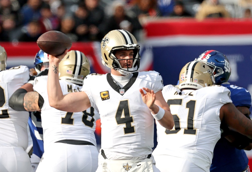 Derek Carr of the New Orleans Saints throws a pass during a game against the New York Giants.