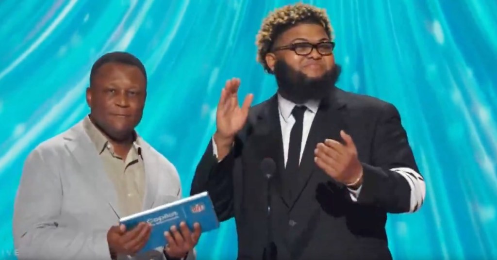 Druski on stage mispronouncing Jaxson Smith-Njigba's name at the NFL Honors.