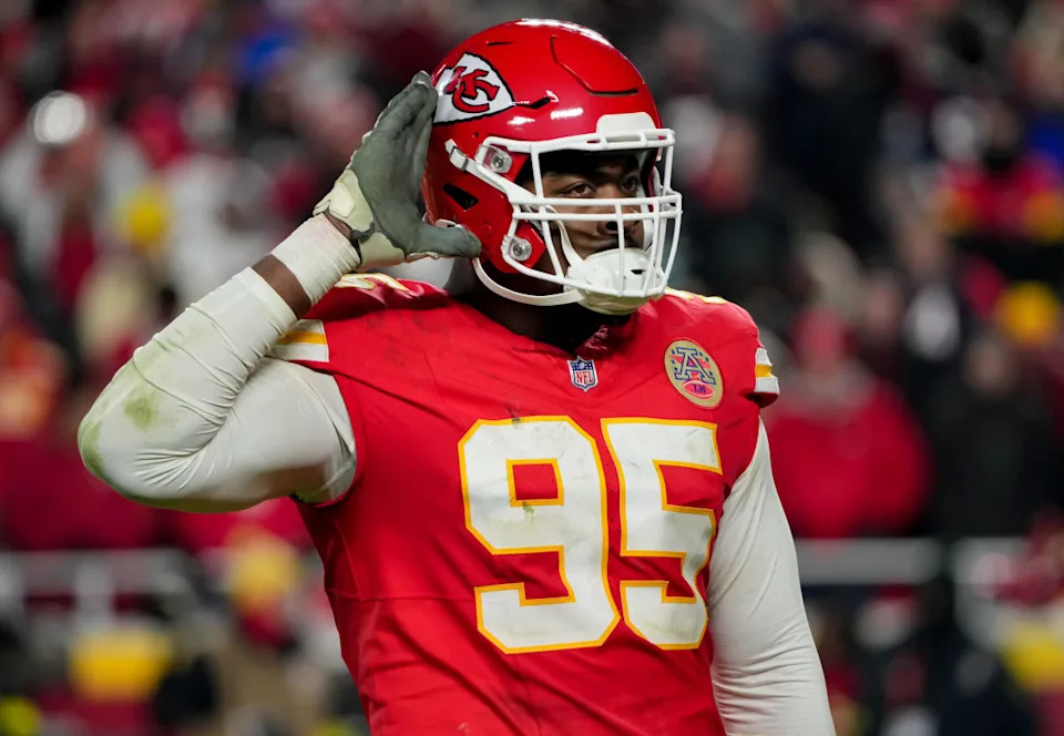Kansas City Chiefs defensive tackle Chris Jones (95) celebrates after a play against the Houston Texans.Denny Medley-Imagn Images