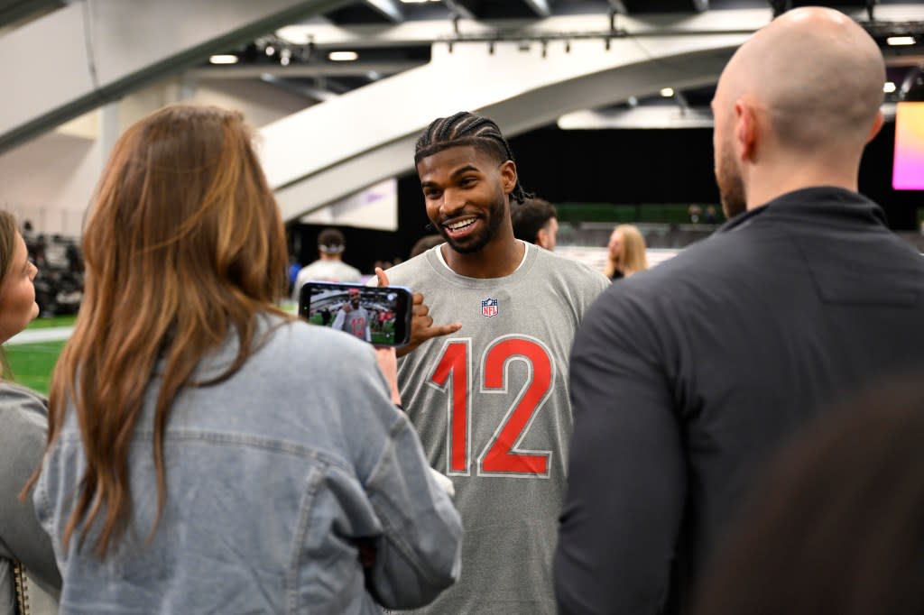 Shedeur Sanders #12 of the Cleveland Browns speaks to the media before the AFC Pro Bowl practice. Getty Images