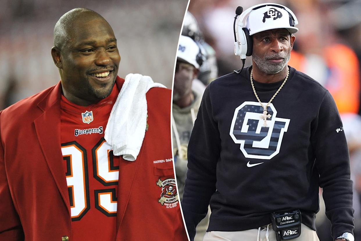 An image collage containing 2 images, Image 1 shows Warren Sapp smiling in a red Tampa Bay Buccaneers blazer with a white towel over his shoulder, Image 2 shows Deion Sanders, head coach for Colorado football, standing on the field wearing a white headset, white cap with the CU logo, and a black CU sweatshirt
