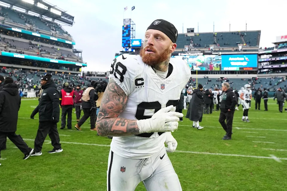 Maxx Crosby #98 of the Las Vegas Raiders runs off the field after the game against the Philadelphia Eagles at Lincoln Financial Field on December 14, 2025 in Philadelphia, Pennsylvania. Getty Images