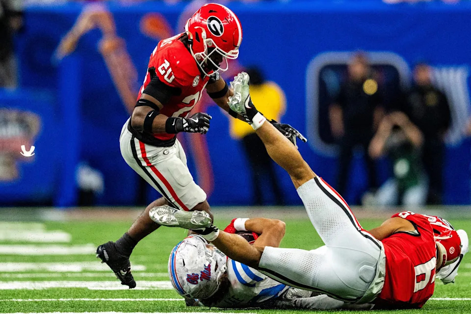 <p>A mouthguard flies through the air after Georgia defensive back JaCorey Thomas (20) hits Ole Miss wide receiver Cayden Lee (19) to the ground during the Sugar Bowl and College Football Playoff quarterfinals at Caesars Superdome in New Orleans, La., on Thursday, Jan. 1, 2026. Ole Miss defeated Georgia 39-34. Thomas was called for targeting and ejected from the game.</p><br>
