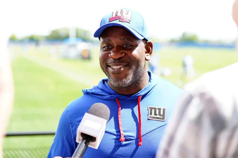 John Egorugwu, New York Giants inside linebackers coach, talks to reporters before mandatory minicamp at the Giants training center.Syndication&colon; The Record