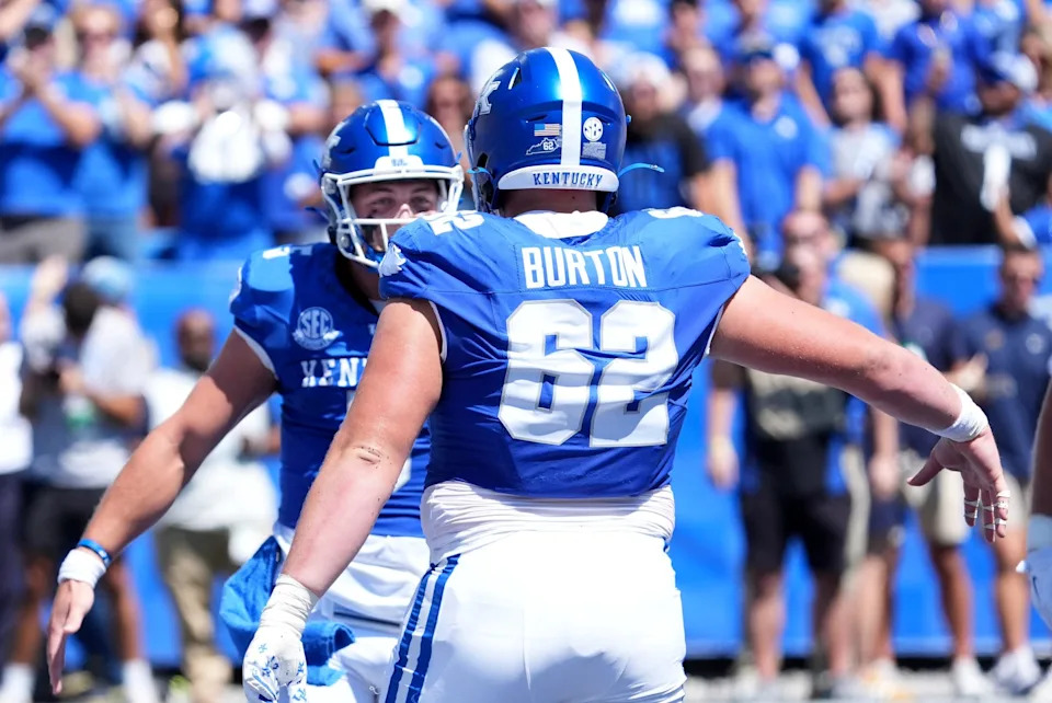 Kentucky’s quarterback Zach Calzada (5) celebrates with teammate Jager Burton (62) scoring a touchdown against Toledo Saturday afternoon at Kroger Field.
August 30, 2025