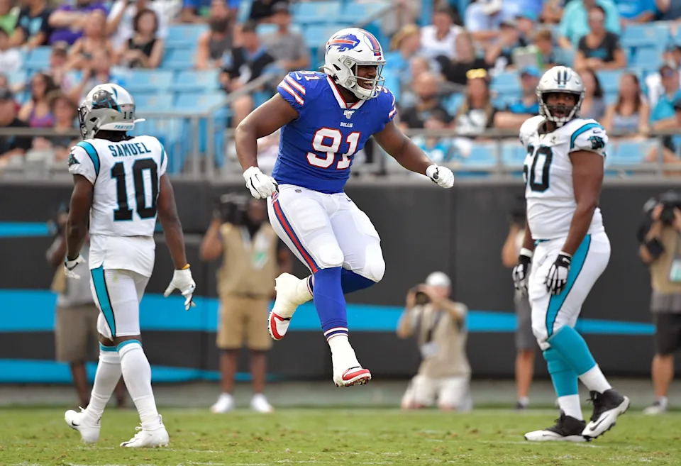 CHARLOTTE, NORTH CAROLINA - AUGUST 16: Ed Oliver #91 of the Buffalo Bills reacts after breaking up a pass against the Carolina Panthers during the first quarter of their preseason game at Bank of America Stadium on August 16, 2019 in Charlotte, North Carolina. (Photo by Grant Halverson/Getty Images)