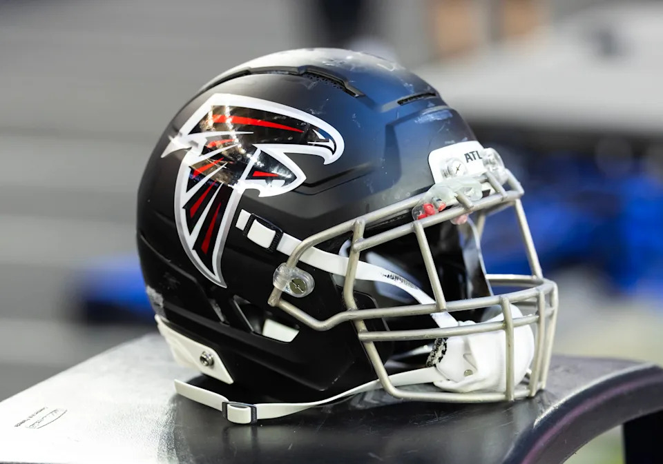 Detailed view of an Atlanta Falcons helmet.
