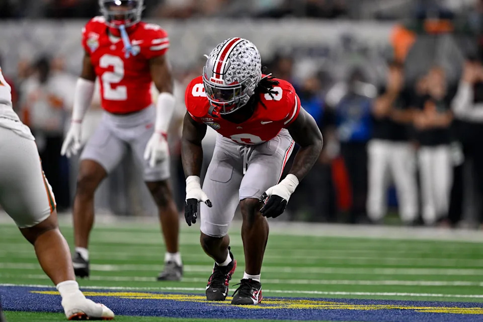 Dec 31, 2025; Arlington, TX, USA; Ohio State Buckeyes linebacker Arvell Reese (8) gets into position during the 2025 Cotton Bowl and quarterfinal game of the College Football Playoff at AT&T Stadium. Mandatory Credit: Jerome Miron-Imagn Images
