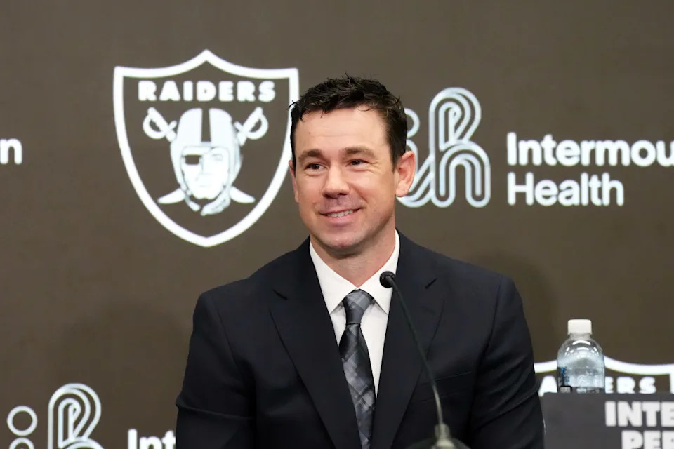 Feb 10, 2026; Henderson, NV, USA; Las Vegas Raiders coach Klint Kubiak speaks at introductory press conference at Intermountain Health Performance Center. Mandatory Credit: Kirby Lee-Imagn Images© Kirby Lee-Imagn Images