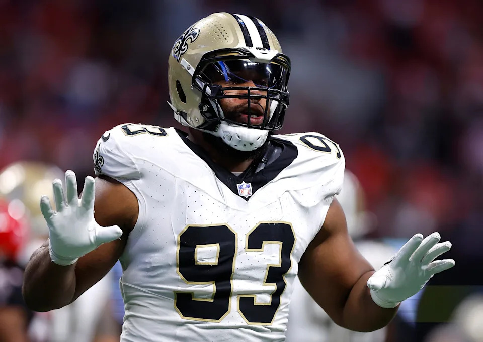 ATLANTA, GEORGIA - SEPTEMBER 29: Nathan Shepherd #93 of the New Orleans Saints reacts against the Atlanta Falcons during the fourth quarter at Mercedes-Benz Stadium on September 29, 2024 in Atlanta, Georgia. (Photo by Todd Kirkland/Getty Images)