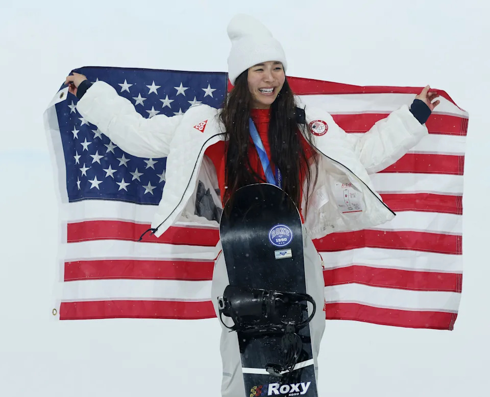 Chloe Kim of the United States celebrates her silver medal.