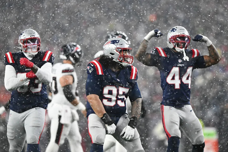 New England Patriots defensive lineman Khyiris Tonga (95) reacts after a sack in the fourth quarter against the Houston Texans.