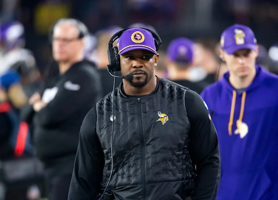 Minnesota Vikings defensive coordinator Brian Flores against the Los Angeles Rams during an NFC wild card game at State Farm Stadium in Glendale, Arizona on Jan. 13, 2025.