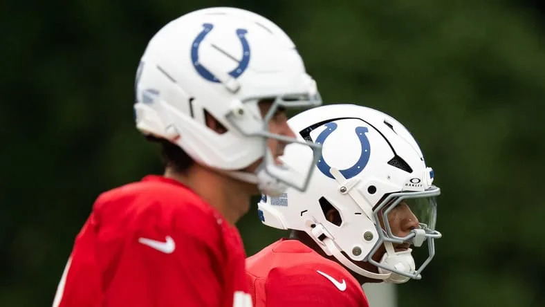 Anthony Richardson and Daniel Jones throw passes during Colts training camp at Grand Park. Vikings Daniel Jones plan.