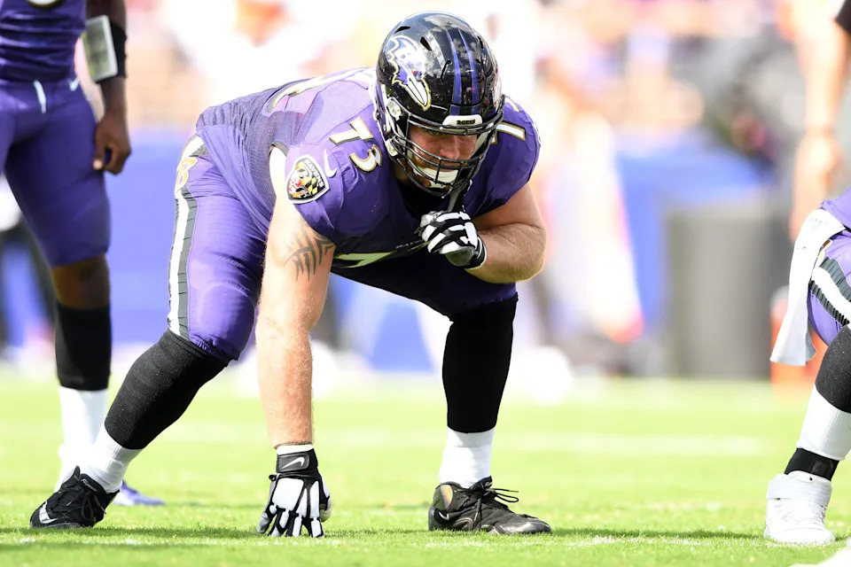 Sep 29, 2019; Baltimore, MD, USA; Baltimore Ravens offensive guard Marshal Yanda (73) looks on during a football game against the Cleveland Browns in the second quarter at M&T Bank Stadium.