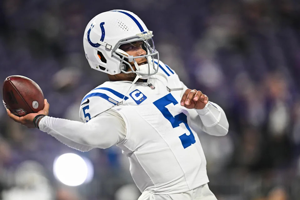 Nov 3, 2024; Minneapolis, Minnesota, USA; Indianapolis Colts quarterback Anthony Richardson (5) warms up before the game against the Minnesota Vikings at U.S. Bank Stadium. Jeffrey Becker-Imagn Images
