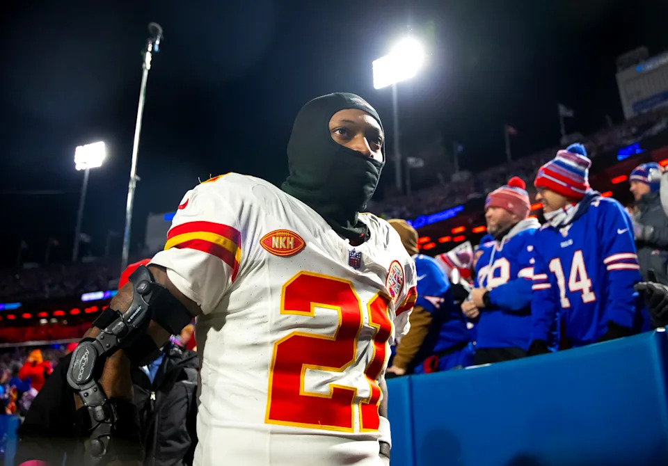 Jan 21, 2024; Orchard Park, New York, USA; Kansas City Chiefs safety Mike Edwards (21) against the Buffalo Bills in the 2024 AFC divisional round game at Highmark Stadium. Mandatory Credit: Mark J. Rebilas-USA TODAY Sports