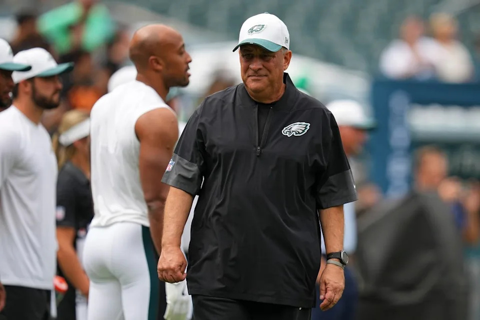 Defensive coordinator Vic Fangio of the Philadelphia Eagles looks on prior to the NFL Preseason 2025 game against the Cleveland Browns at Lincoln Financial Field on August 16, 2025 in Philadelphia, Pennsylvania. Getty Images