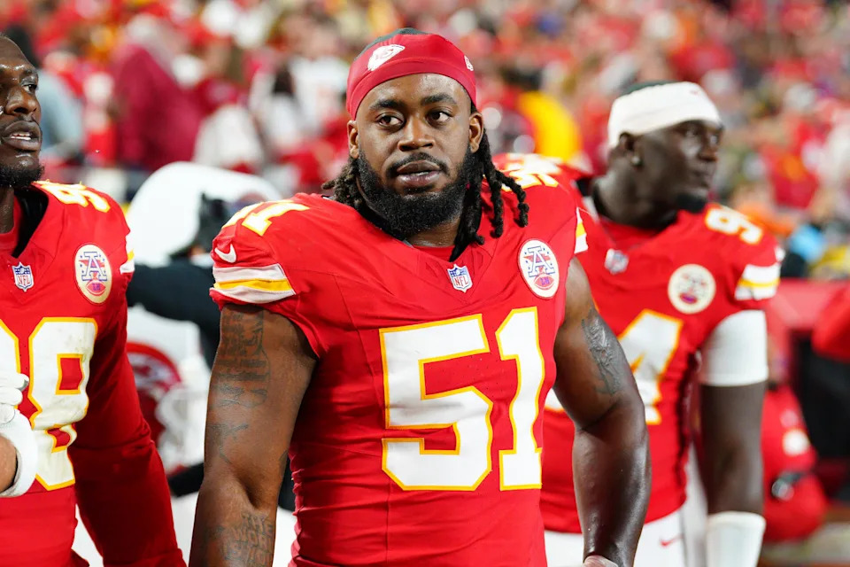 Oct 7, 2024; Kansas City, Missouri, USA; Kansas City Chiefs defensive end Mike Danna (51) on the sidelines against the New Orleans Saints during the game at GEHA Field at Arrowhead Stadium. Mandatory Credit: Denny Medley-Imagn Images