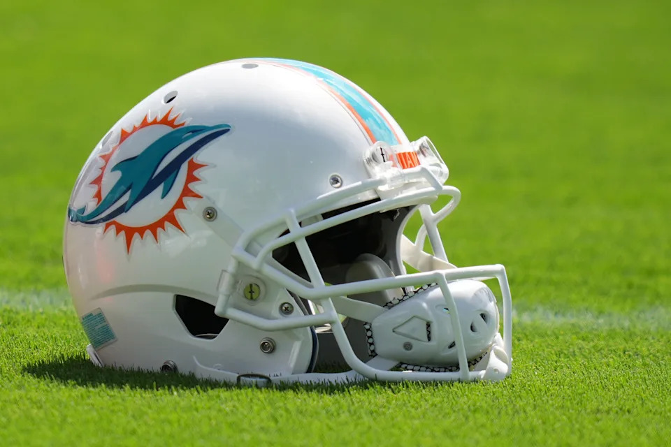 A general view of a Miami Dolphins helmet.