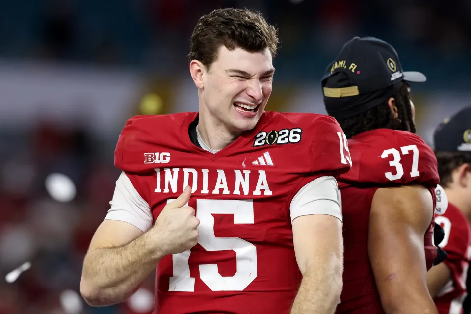 Fernando Mendoza #15 of the Indiana Hoosiers celebrates after defeating Miami Hurricanes 27-21 in the 2026 College Football Playoff National Championship at Hard Rock Stadium on January 19, 2026