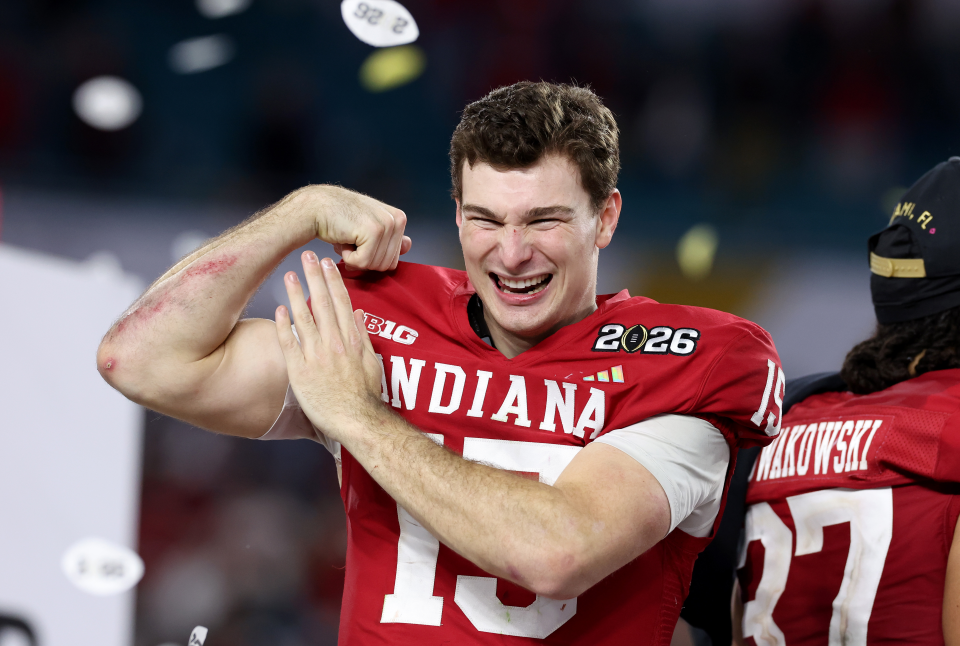 Fernando Mendoza of the Indiana Hoosiers celebrates after defeating Miami Hurricanes 27-21 in the 2026 College Football Playoff National Championship at Hard Rock Stadium