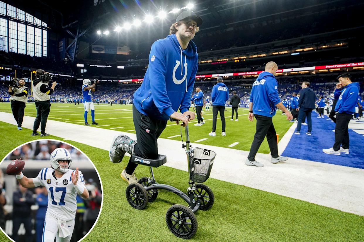 An image collage containing 2 images, Image 1 shows A man in a blue Indianapolis Colts hoodie on a knee scooter with a medical boot on his right leg on a football field, Image 2 shows Indianapolis Colts quarterback Philip Rivers prepares to throw a pass