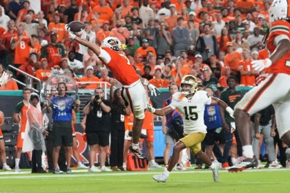 Miami Hurricanes wide receiver CJ Daniels makes a one handed catch for a touchdown against Notre Dame in Hard Rock Stadium