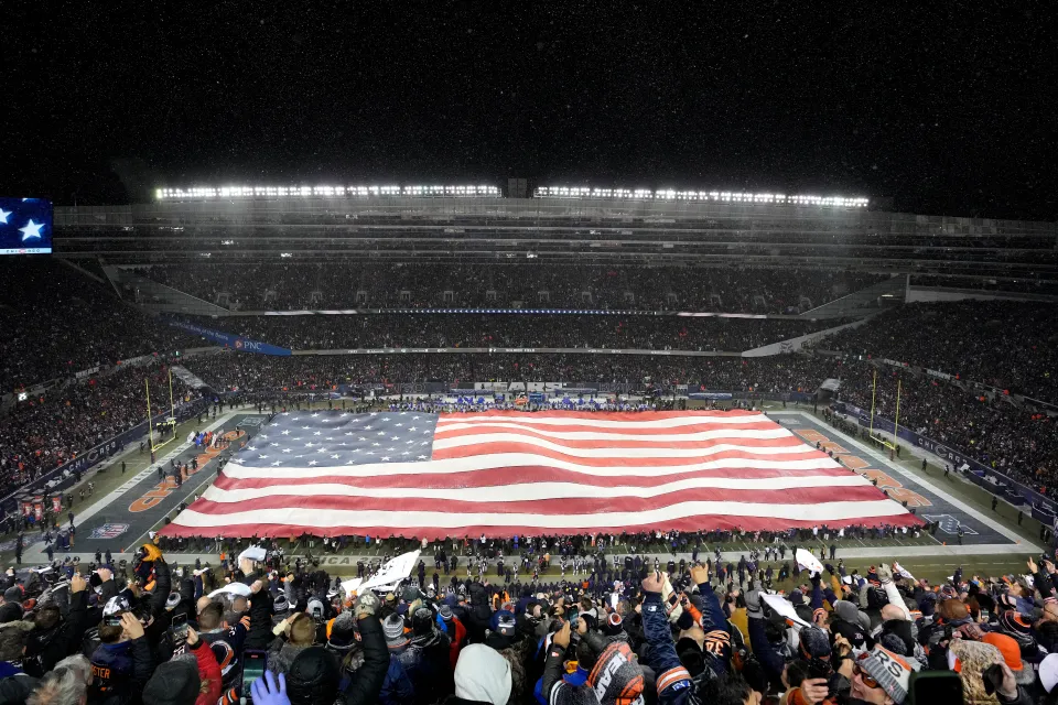 A general view of an American flag on the field before the game between the Chicago Bears and the Los Angeles Rams in the NFC Divisional Playoffs at Soldier Field on January 18, 2026