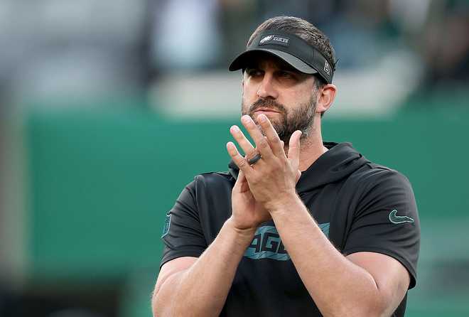 Philadelphia Eagles v New York Jets - NFL Preseason 2025 EAST RUTHERFORD, NEW JERSEY - AUGUST 22: Head coach Nick Sirianni of the Philadelphia Eagles looks on before the NFL Preseason 2025 game between Philadelphia Eagles and New York Jets at MetLife Stadium on August 22, 2025 in East Rutherford, New Jersey. (Photo by Elsa/Getty Images)