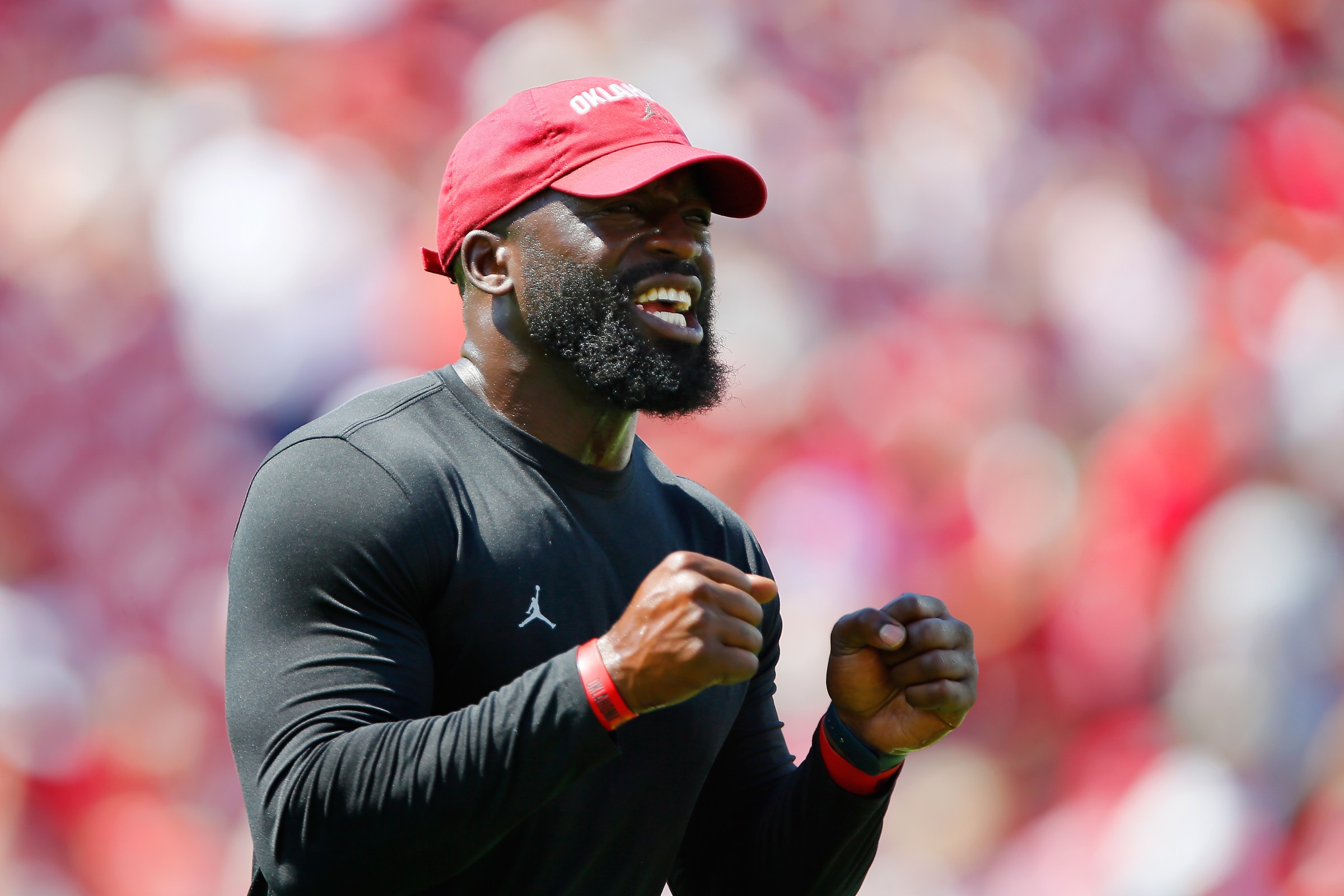 NORMAN, OK - SEPTEMBER 3: Cornerbacks coach Jay Valai of the Oklahoma Sooners encourages players before a game against the UTEP Miners at Gaylord Family Oklahoma Memorial Stadium on September 3, 2022 in Norman, Oklahoma. Oklahoma won 45-13. (Photo by Brian Bahr/Getty Images)