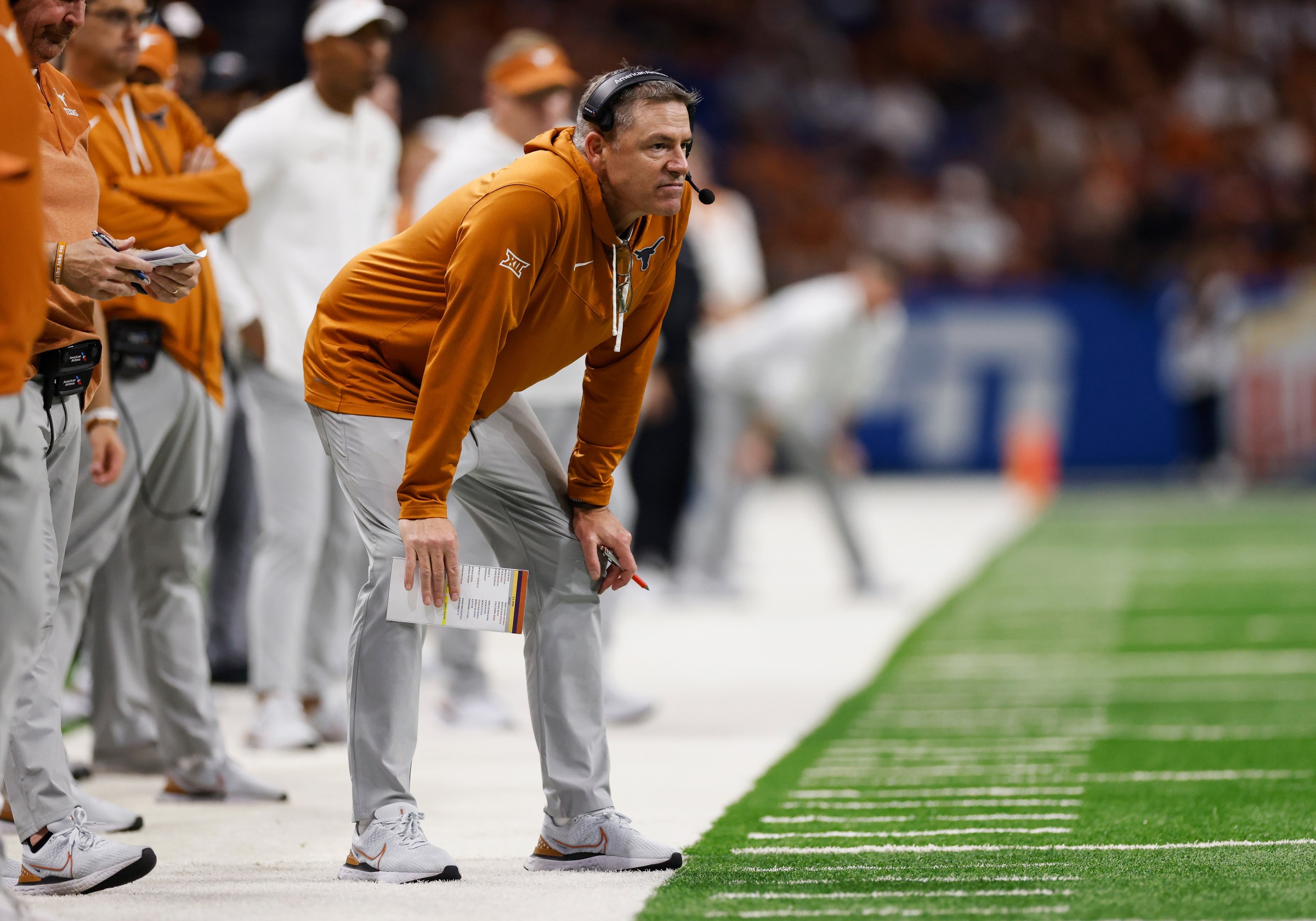 SAN ANTONIO, TEXAS - DECEMBER 29: Defensive coordinator Pete Kwiatkowski of the Texas Longhorns reacts during the Valero Alamo Bowl against the Washington Huskies at Alamodome on December 29, 2022 in San Antonio, Texas. (Photo by Tim Warner/Getty Images)