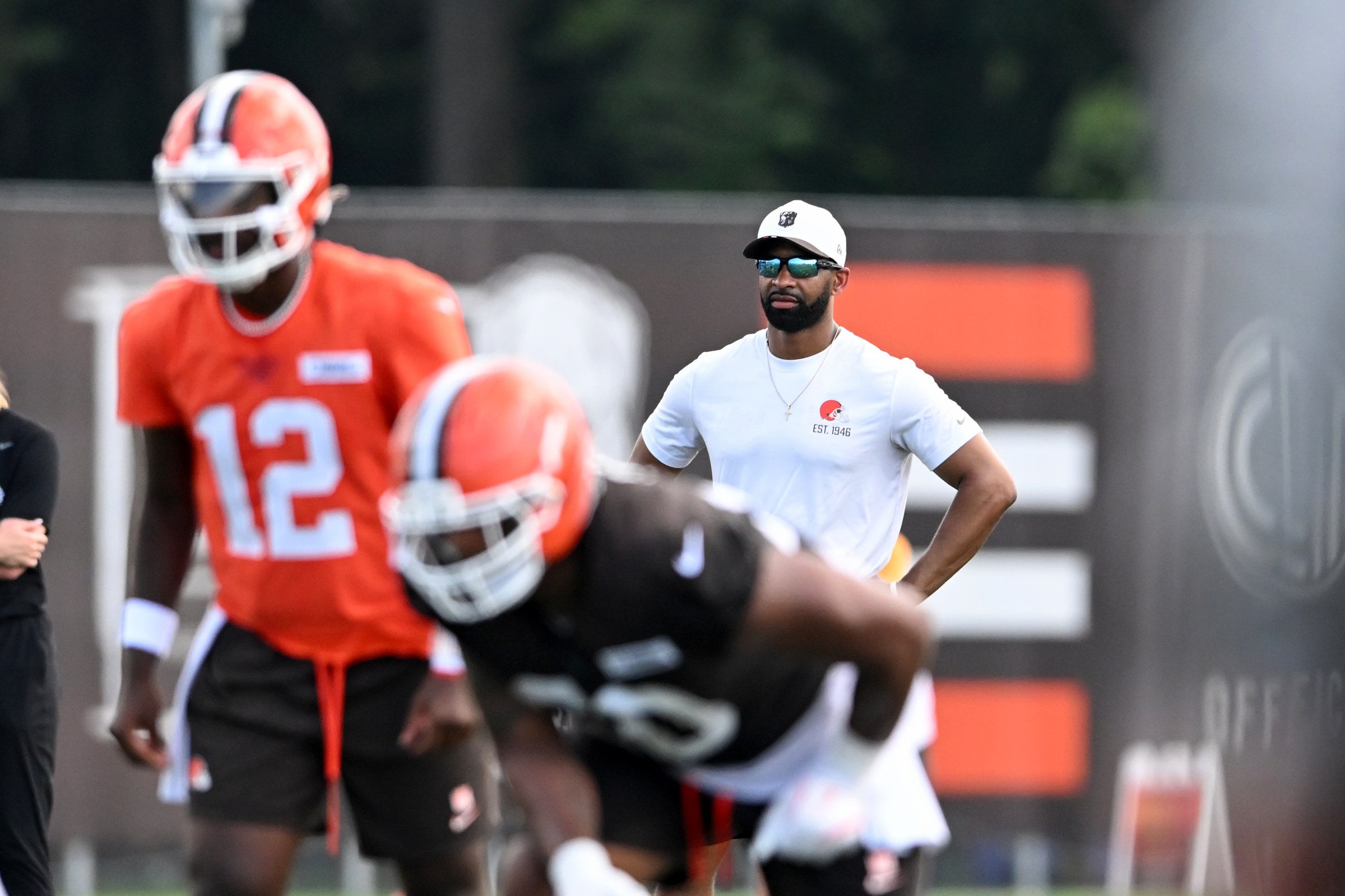 BEREA, OHIO - JULY 29: Executive vice president, football operations & general manager Andrew Berry of the Cleveland Browns watches a drill during Cleveland Browns training camp at CrossCountry Mortgage Campus on July 29, 2025 in Berea, Ohio. (Photo by Nick Cammett/Getty Images)