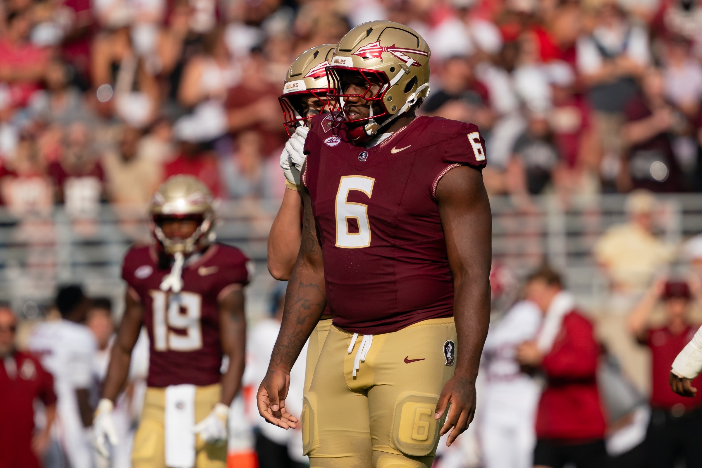 TALLAHASSEE, FL - AUGUST 30: Florida State Seminoles defensive lineman Darrell Jackson Jr. (6) waits between plays during a college football game between the Alabama Crimson Tide and the Florida State Seminoles on August 30th, 2025 at Doak Campbell Stadium in Tallahassee, FL. (Photo by Chris Leduc/Icon Sportswire via Getty Images)