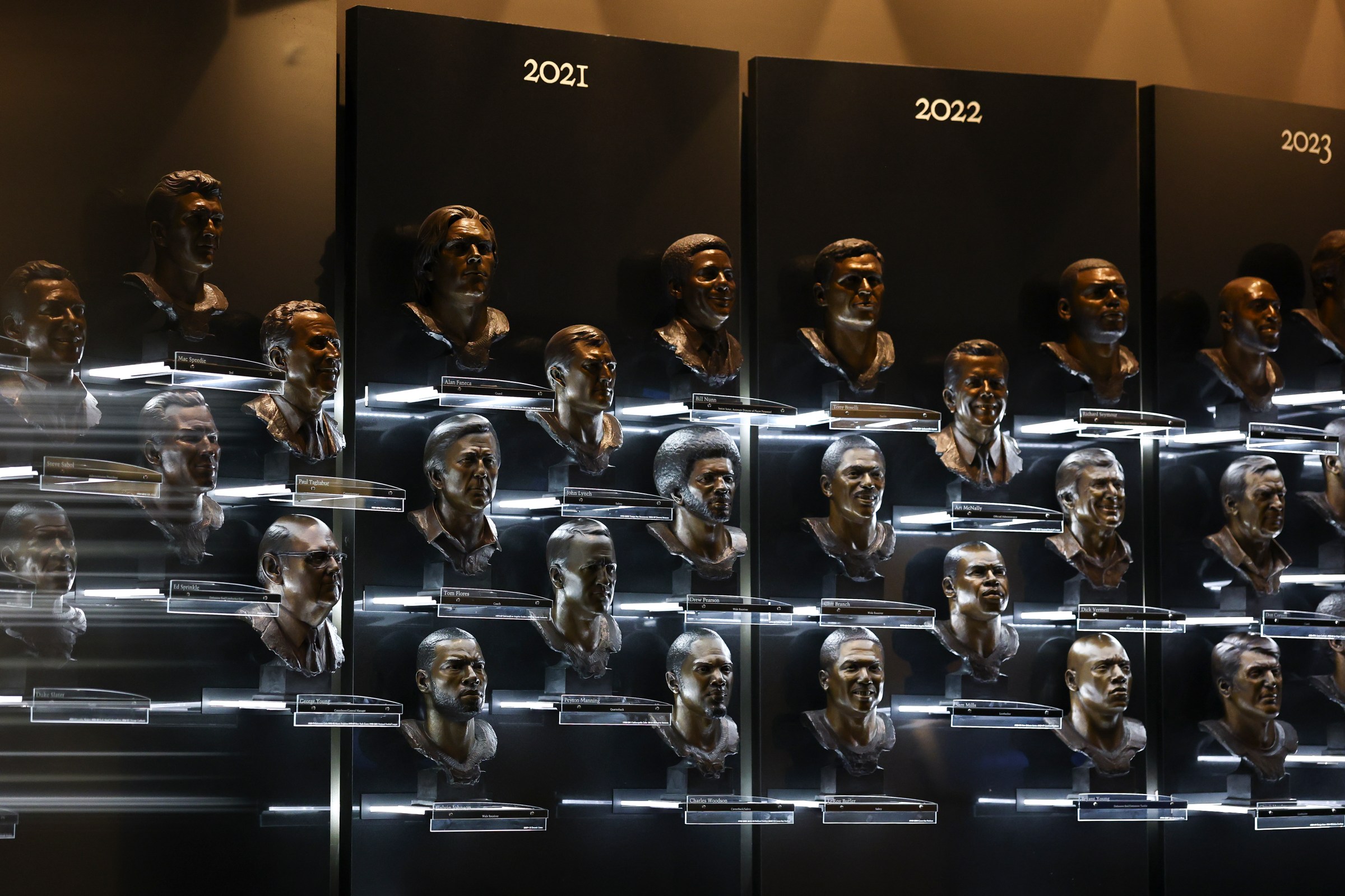 CANTON, OHIO - AUGUST 24: A general view of the bronze busts in the Pro Football Hall of Fame building on August 24, 2025 in Canton, Ohio. (Photo by Aaron M. Sprecher/Getty Images)