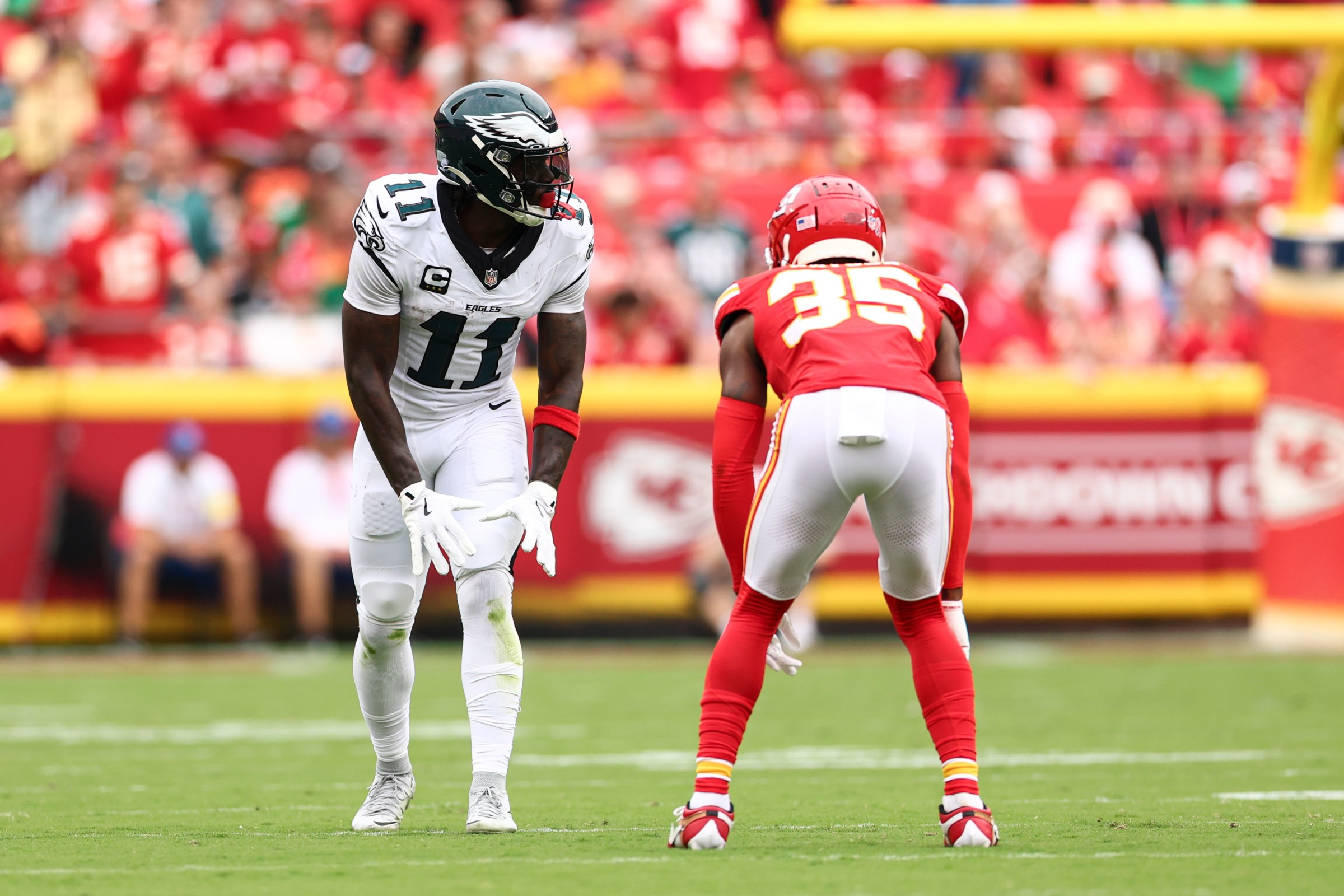 KANSAS CITY, MISSOURI - SEPTEMBER 14: AJ. Brown #11 of the Philadelphia Eagles lines up before a play during an NFL football game against the Kansas City Chiefs at GEHA Field at Arrowhead Stadium on September 14, 2025 in Kansas City, Missouri. (Photo by Kevin Sabitus/Getty Images)