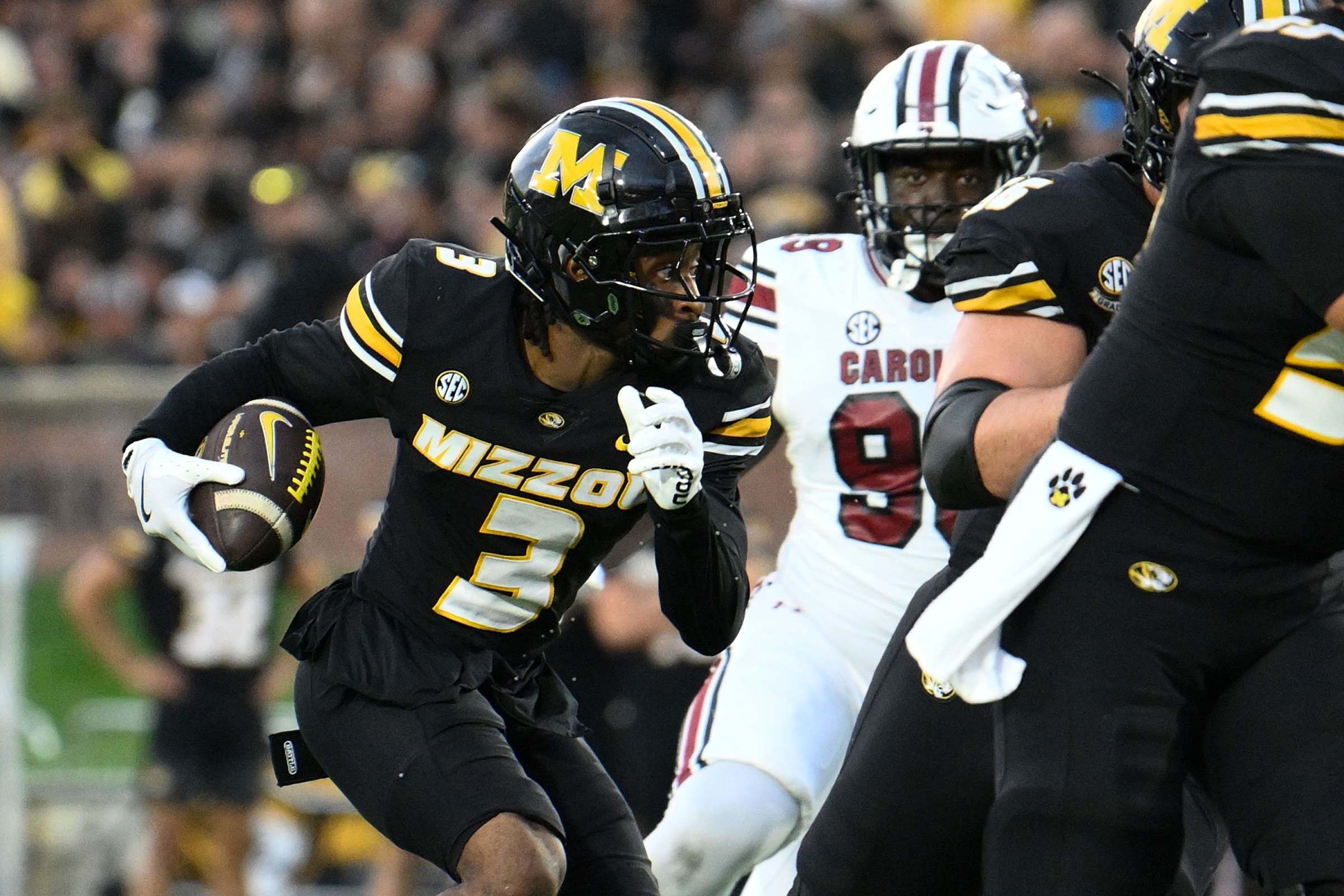 COLUMBIA, MISSOURI - SEPTEMBER 20: Kevin Coleman Jr. #3 of the Missouri Tigers runs against the South Carolina Gamecocks at Faurot Field at Memorial Stadium on September 20, 2025 in Columbia, Missouri. (Photo by Jeff Le/Getty Images)