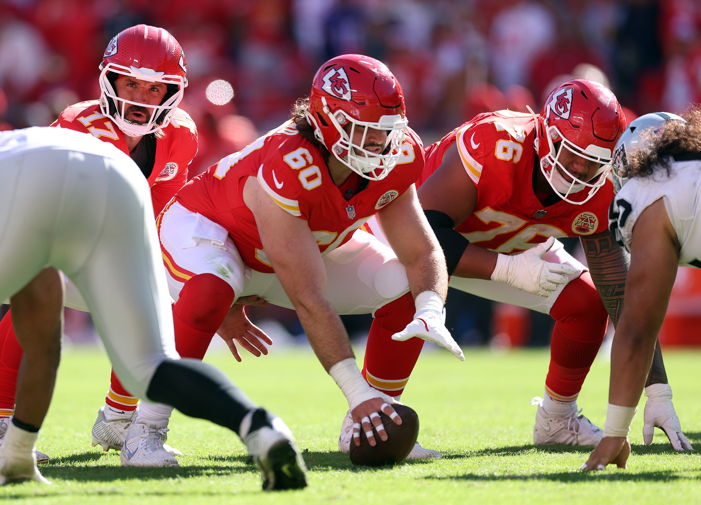 KANSAS CITY, MISSOURI - OCTOBER 19: Center Hunter Nourzad #60 of the Kansas City Chiefs prepares to snap to quarterback Gardner Minshew #17 during the game between Las Vegas Raiders and Kansas City Chiefs at Arrowhead Stadium on October 19, 2025 in Kansas City, Missouri.”” (Photo by Jamie Squire/Getty Images)
