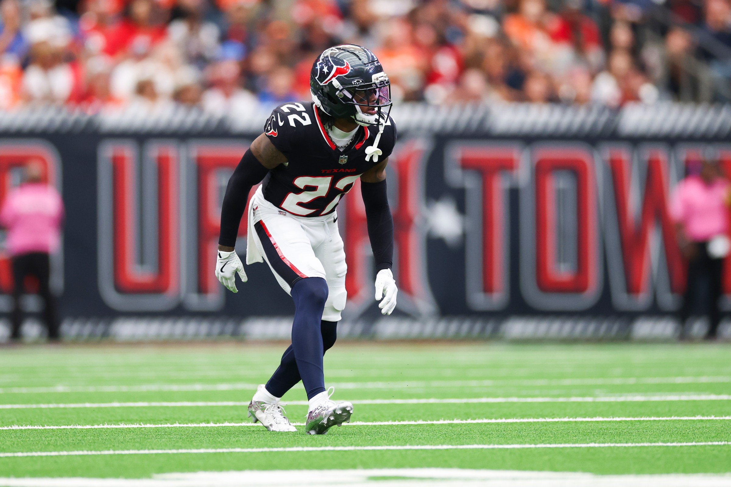HOUSTON, TEXAS - NOVEMBER 2: Jaylin Smith #22 of the Houston Texans in coverage during an NFL football game against the Denver Broncos at NRG Stadium on November 2, 2025 in Houston, Texas. (Photo by Logan Bowles/Getty Images)