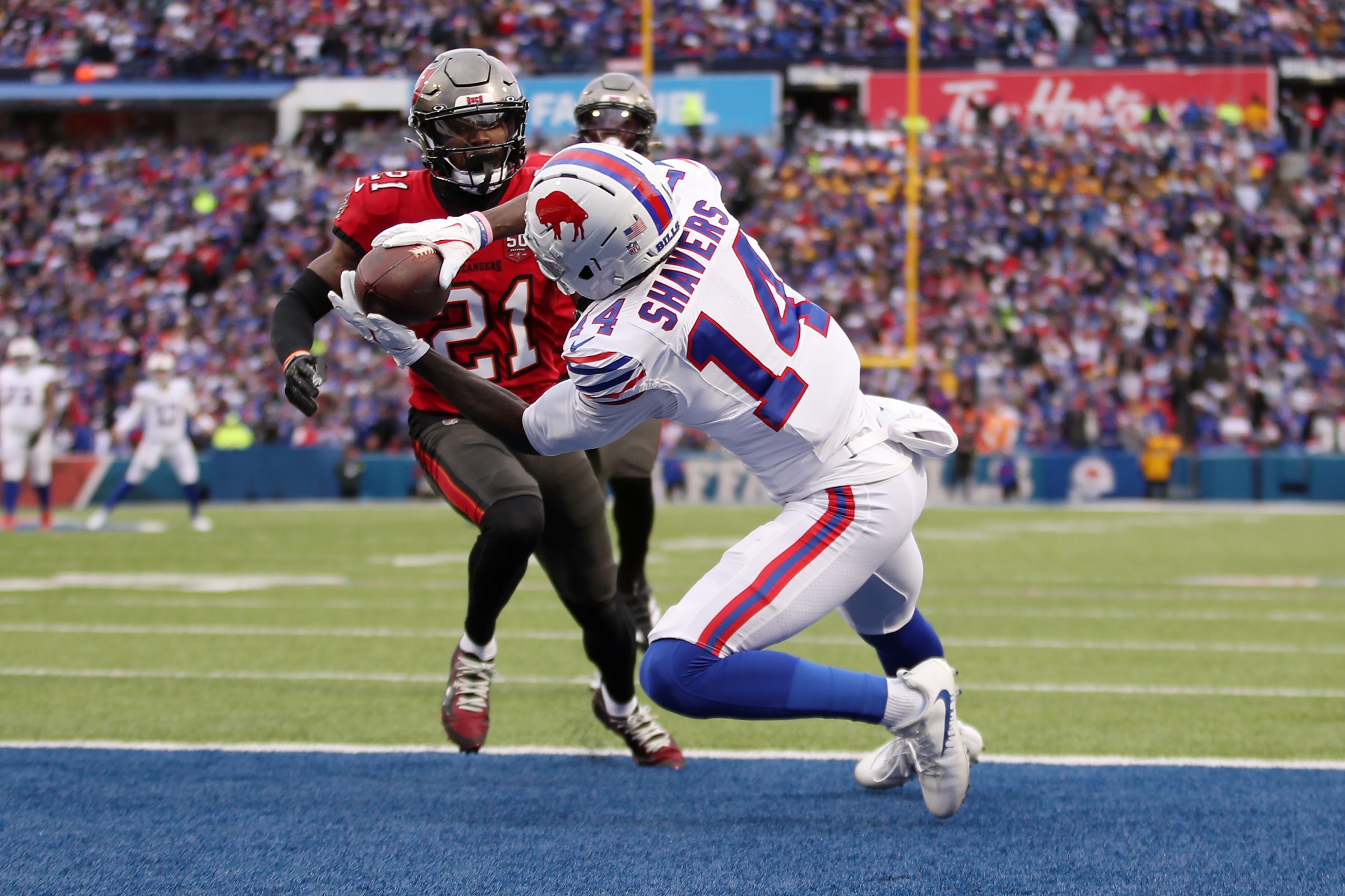 ORCHARD PARK, NEW YORK - NOVEMBER 16: Tyrell Shavers #14 of the Buffalo Bills catches a touchdown pass during the second quarter against the Tampa Bay Buccaneers at Highmark Stadium on November 16, 2025 in Orchard Park, New York. (Photo by Bryan M. Bennett/Getty Images)