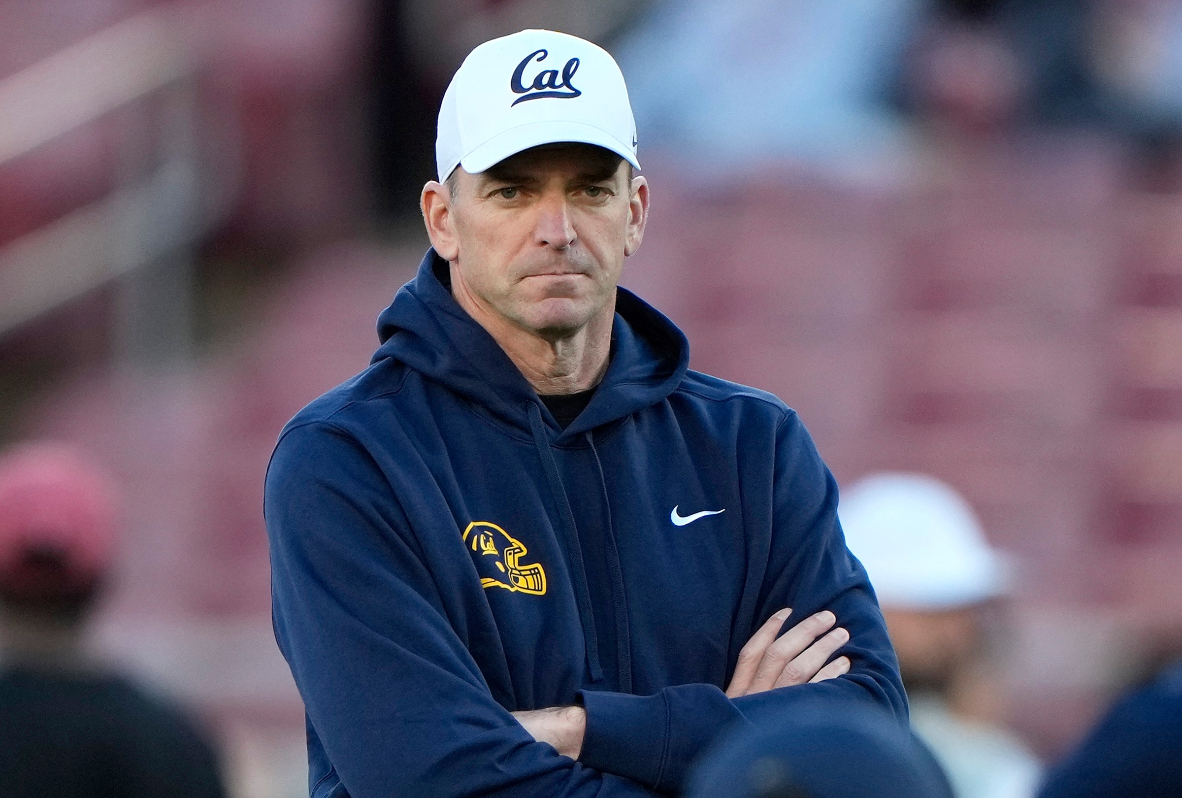 STANFORD, CALIFORNIA - NOVEMBER 22: Head coach Justin Wilcox of the California Golden Bears looks on while his team warms up prior to playing the Stanford Cardinal at Stanford Stadium on November 22, 2025 in Stanford, California. (Photo by Thearon W. Henderson/Getty Images)