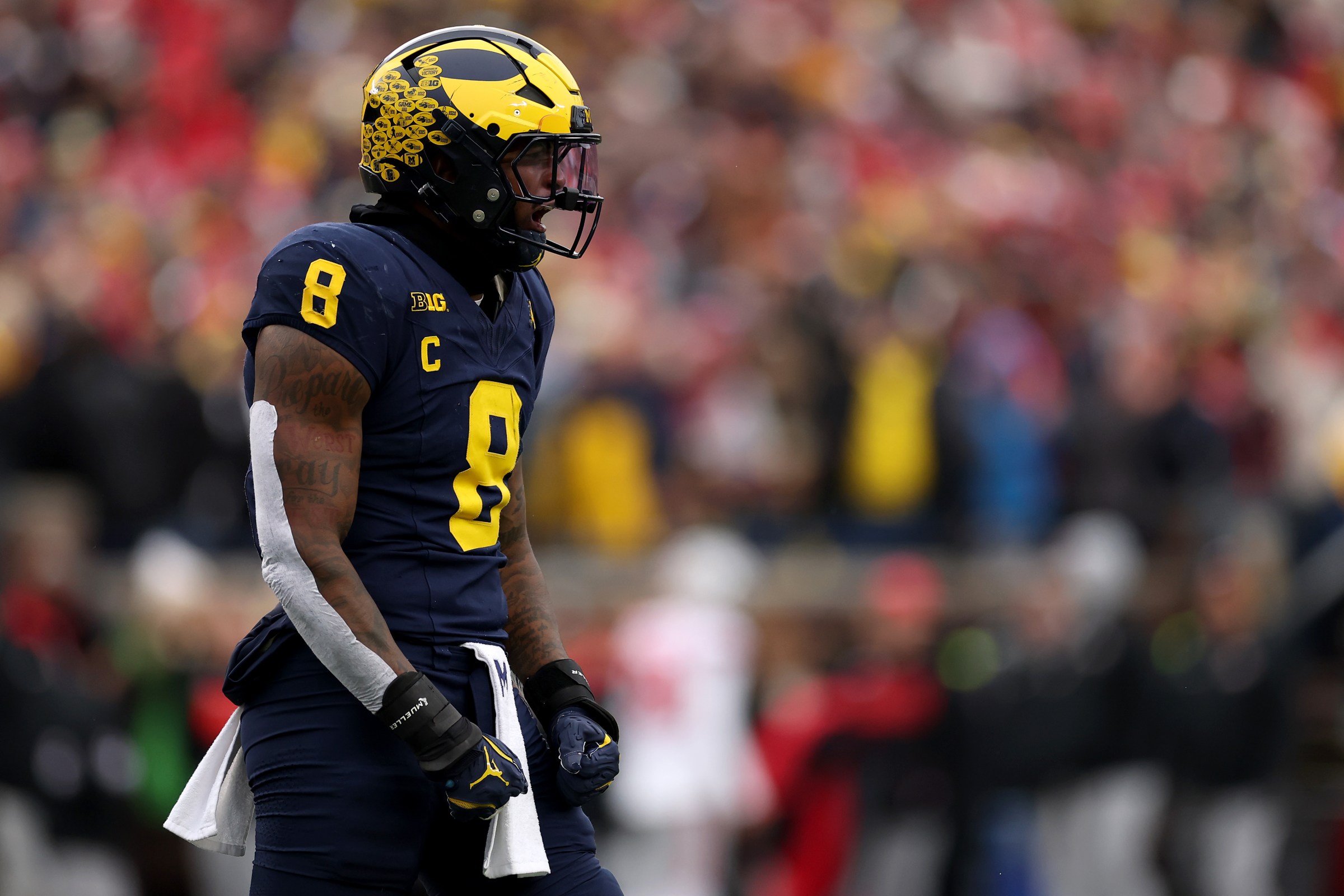 ANN ARBOR, MICHIGAN - NOVEMBER 29: Derrick Moore #8 of the Michigan Wolverines reacts against the Ohio State Buckeyes at Michigan Stadium on November 29, 2025 in Ann Arbor, Michigan. (Photo by Luke Hales/Getty Images)