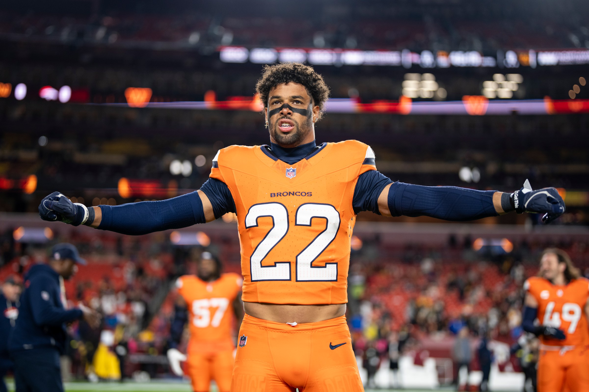 LANDOVER, MARYLAND - NOVEMBER 30: Brandon Jones #22 of the Denver Broncos stretches prior to an NFL football game against the Washington Commanders at Northwest Stadium on November 30, 2025 in Landover, Maryland. (Photo by Michael Owens/Getty Images)