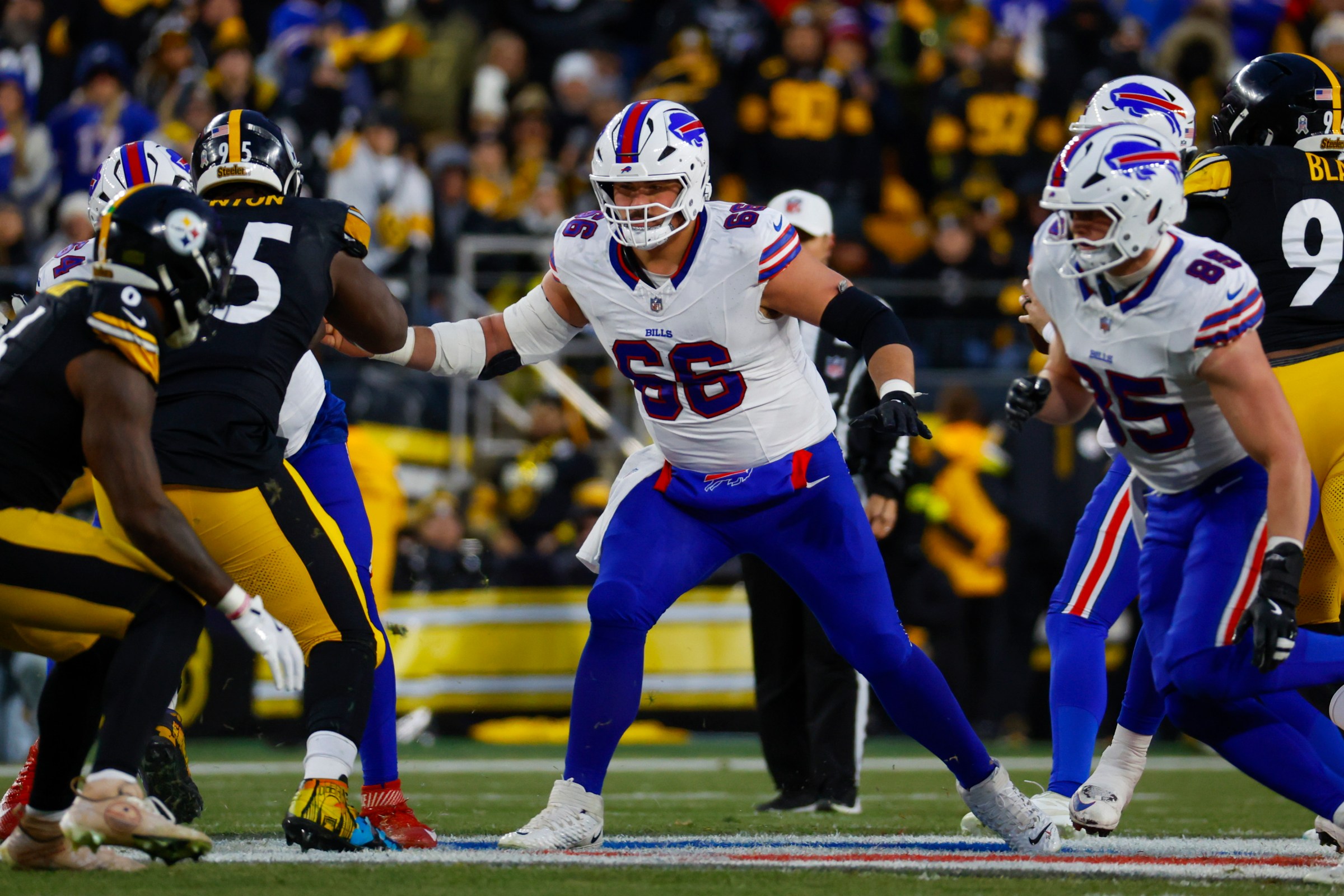 PITTSBURGH, PA - NOVEMBER 30: Connor McGovern #66 of the Buffalo Bills in action against the Pittsburgh Steelers on November 30, 2025 at Acrisure Stadium in Pittsburgh, Pennsylvania. (Photo by Justin K. Aller/Getty Images)