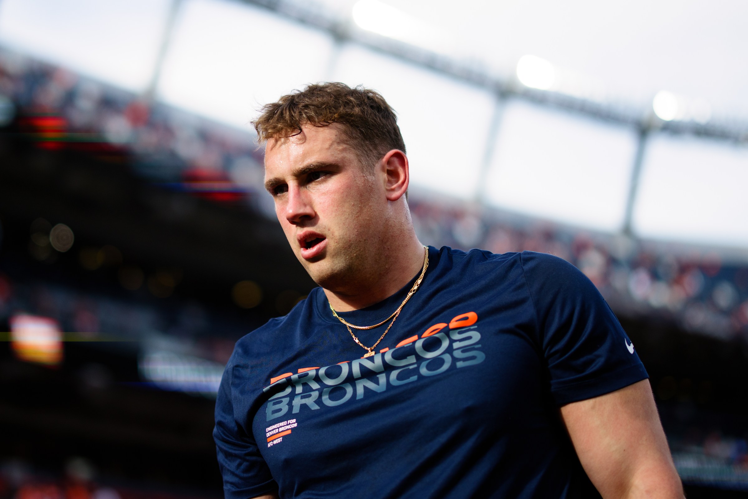 DENVER, CO - DECEMBER 21: Zach Allen #99 of the Denver Broncos warms up before a game against the Jacksonville Jaguars at Empower Field at Mile High on December 21, 2025 in Denver, Colorado. (Photo by Justin Edmonds/Getty Images)