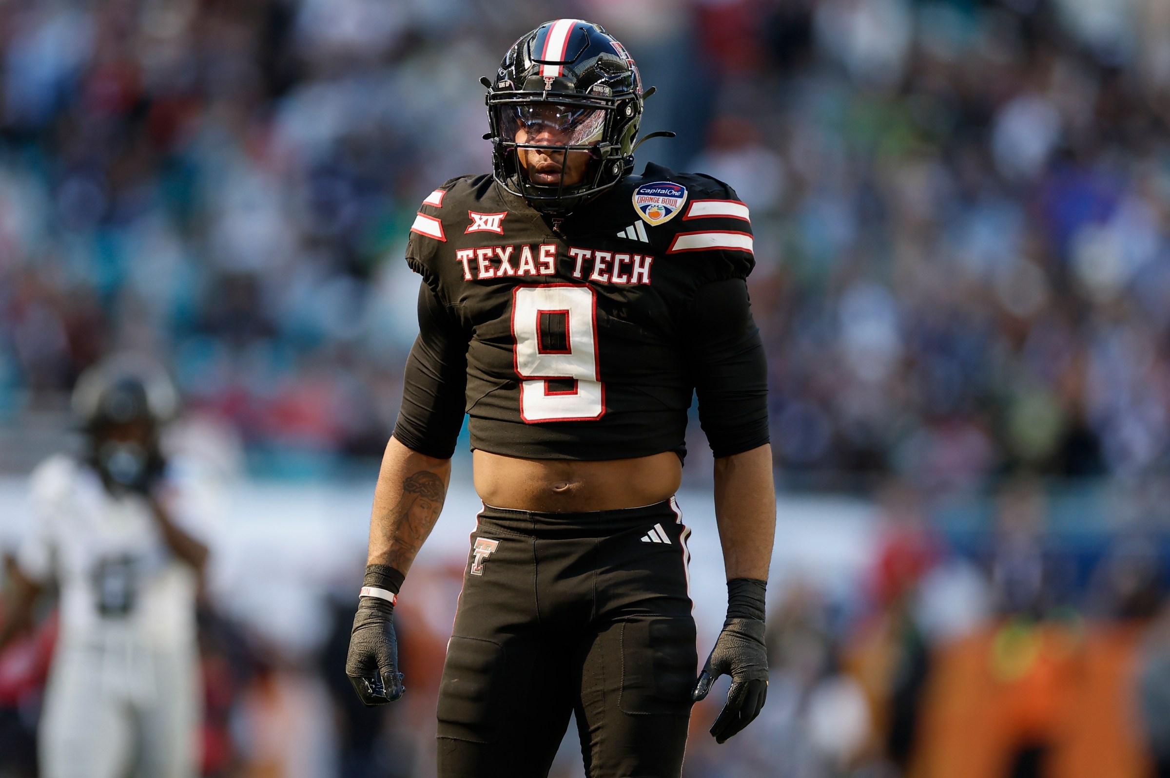 MIAMI GARDENS, FL - JANUARY 01: Romello Height #9 of the Texas Tech Red Raiders lines up for a play during the College Football Playoff Quarterfinal at the Capital One Orange Bowl game between the Oregon Ducks and the Texas Tech Red Raiders on January 1, 2026 at Hard Rock Stadium in Miami Gardens, Fl. (Photo by David Rosenblum/Icon Sportswire via Getty Images)