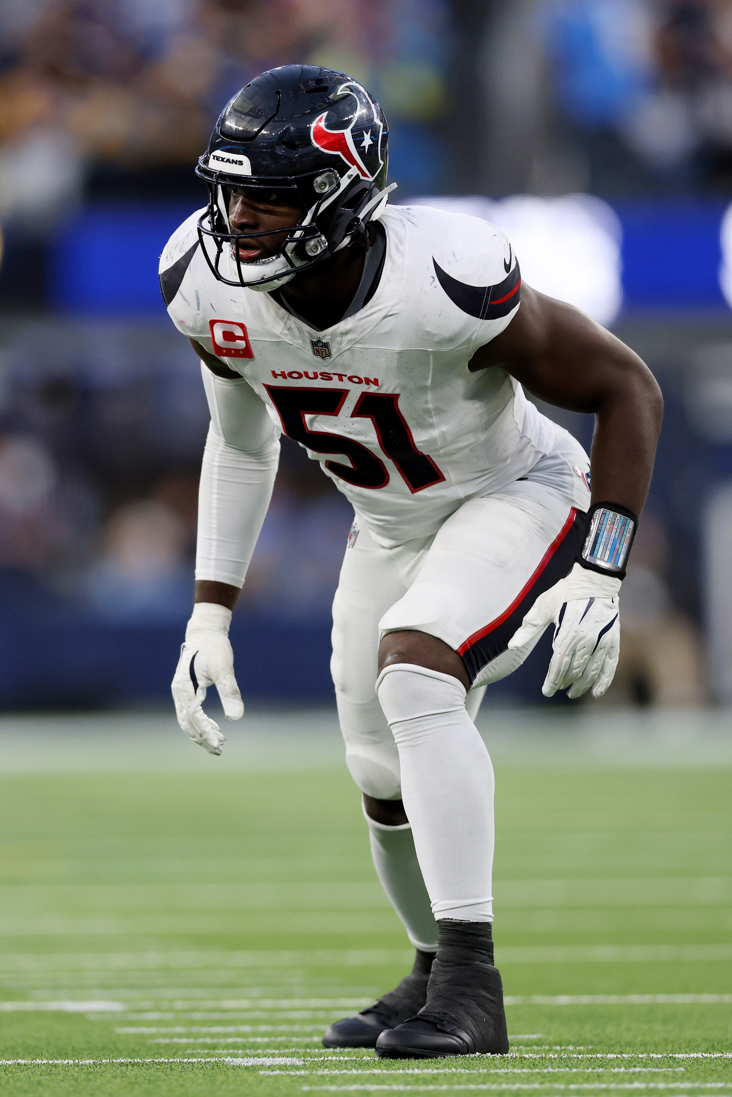 INGLEWOOD, CALIFORNIA - DECEMBER 27: Will Anderson Jr. #51 of the Houston Texans waits for the play during the fourth quarter of the game against the Los Angeles Chargers at SoFi Stadium on December 27, 2025 in Inglewood, California. (Photo by Katelyn Mulcahy/Getty Images)