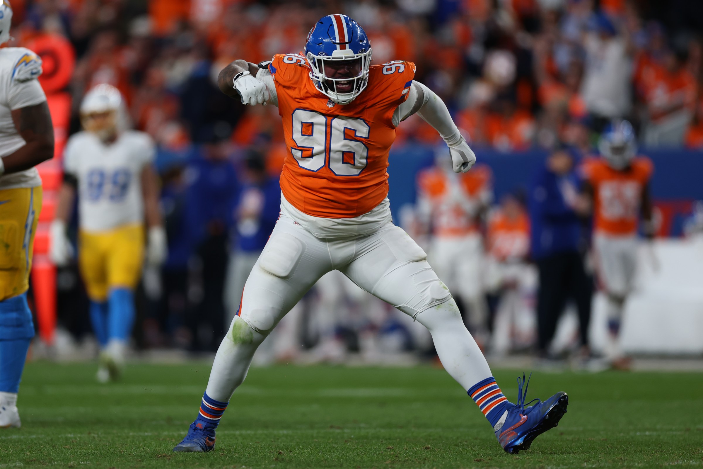 DENVER, COLORADO - JANUARY 04: Eyioma Uwazurike #96 of the Denver Broncos celebrates a sack in the fourth quarter at Empower Field At Mile High on January 04, 2026 in Denver, Colorado. (Photo by Matthew Stockman/Getty Images)