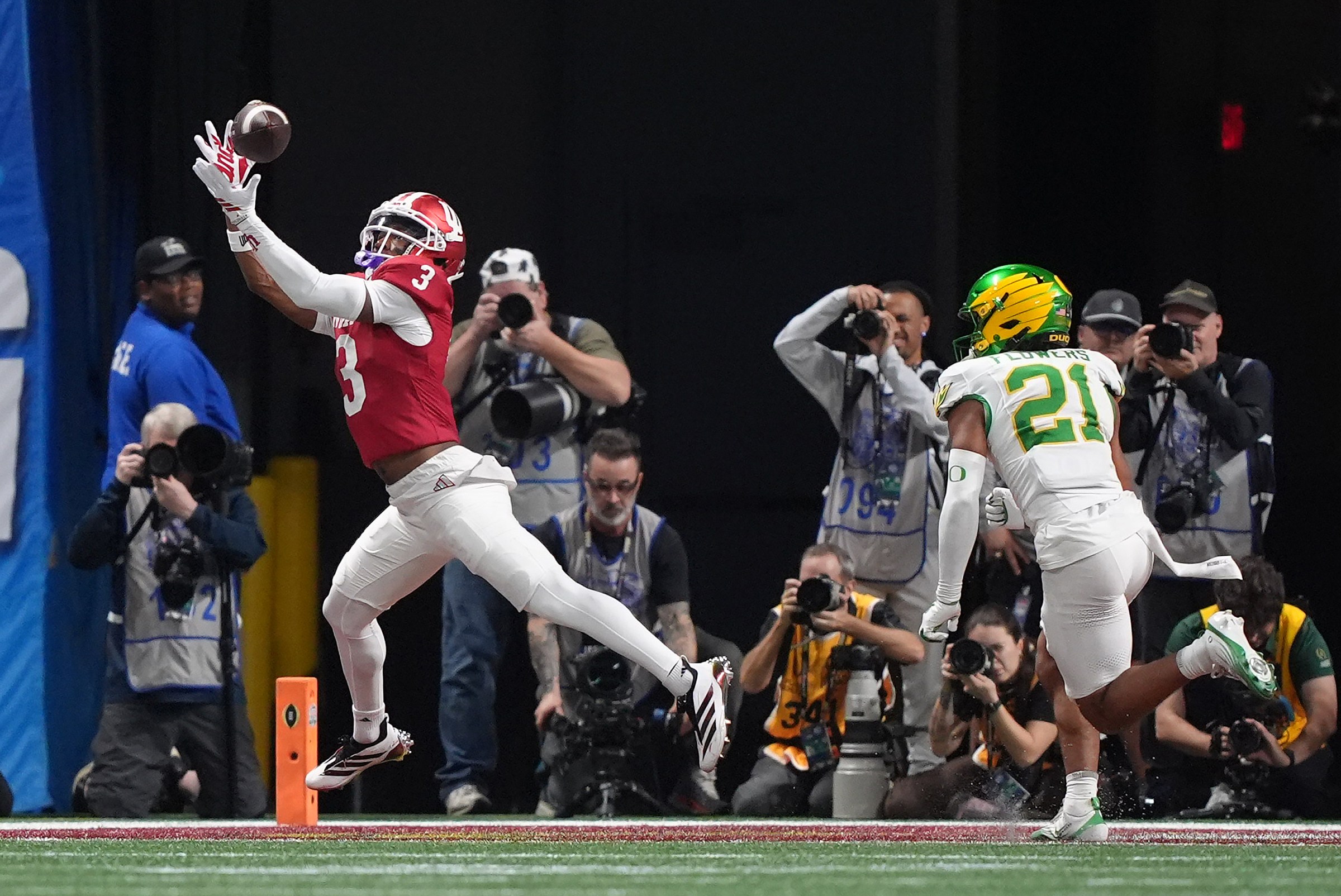 ATLANTA, GEORGIA - JANUARY 09: Omar Cooper Jr. #3 of the Indiana Hoosiers catches an 8-yard touchdown pass against the Oregon Ducks in the first half during the CFP Semifinal Chick-fil-A Peach Bowl at Mercedes-Benz Stadium on January 09, 2026 in Atlanta, Georgia. (Photo by CFP/Getty Images)