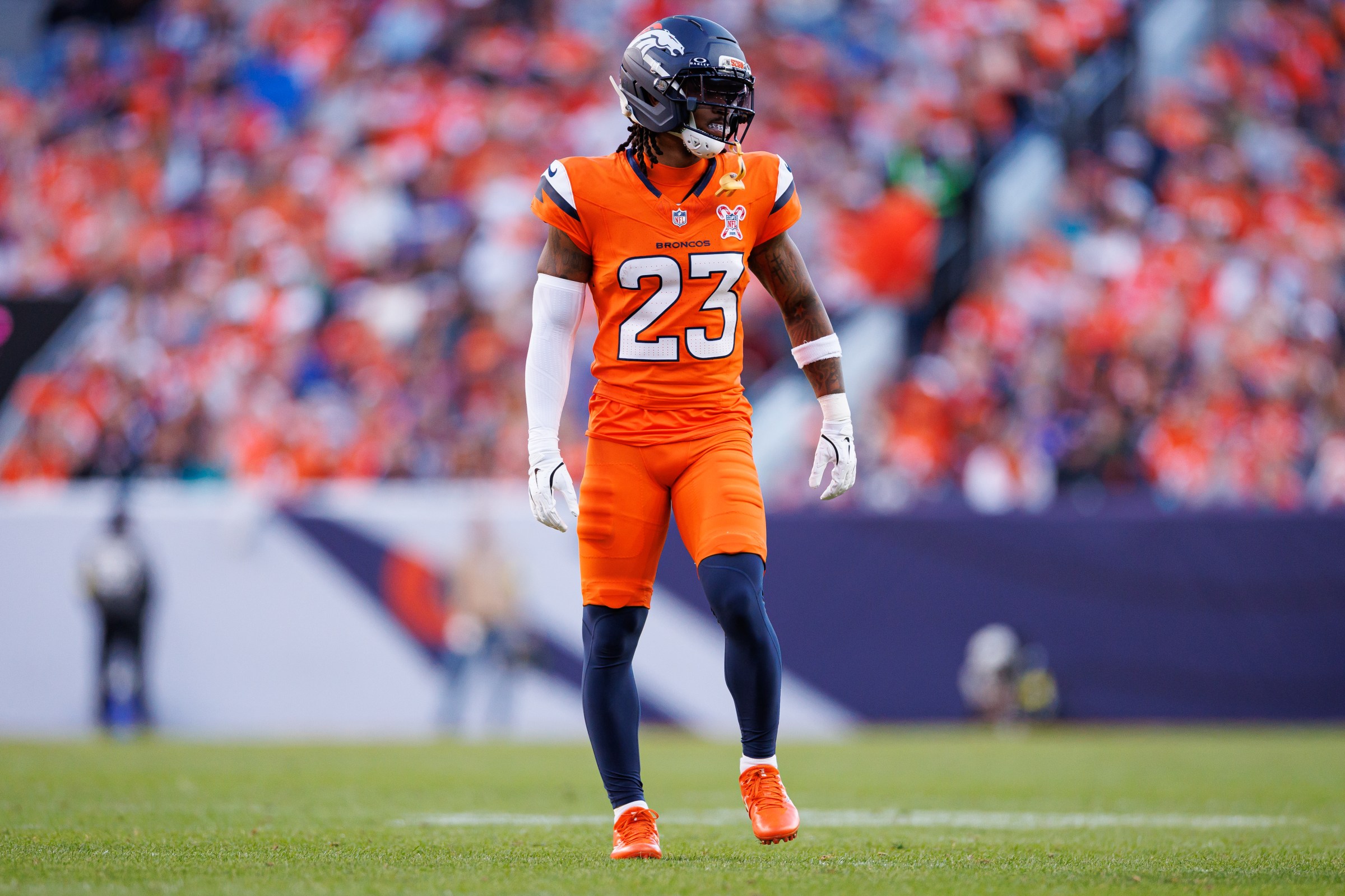 DENVER, COLORADO - DECEMBER 21: Jahdae Barron #23 of the Denver Broncos stands on the field during the second quarter of an NFL football game against the Jacksonville Jaguars at Empower Field At Mile High on December 21, 2025 in Denver, Colorado. (Photo by Brooke Sutton/Getty Images)